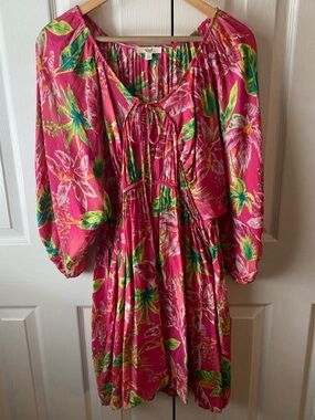 🆕 Easel Pink Tropical Print Puff Sleeve Summer Resort Scoop Tie Neck Dress L